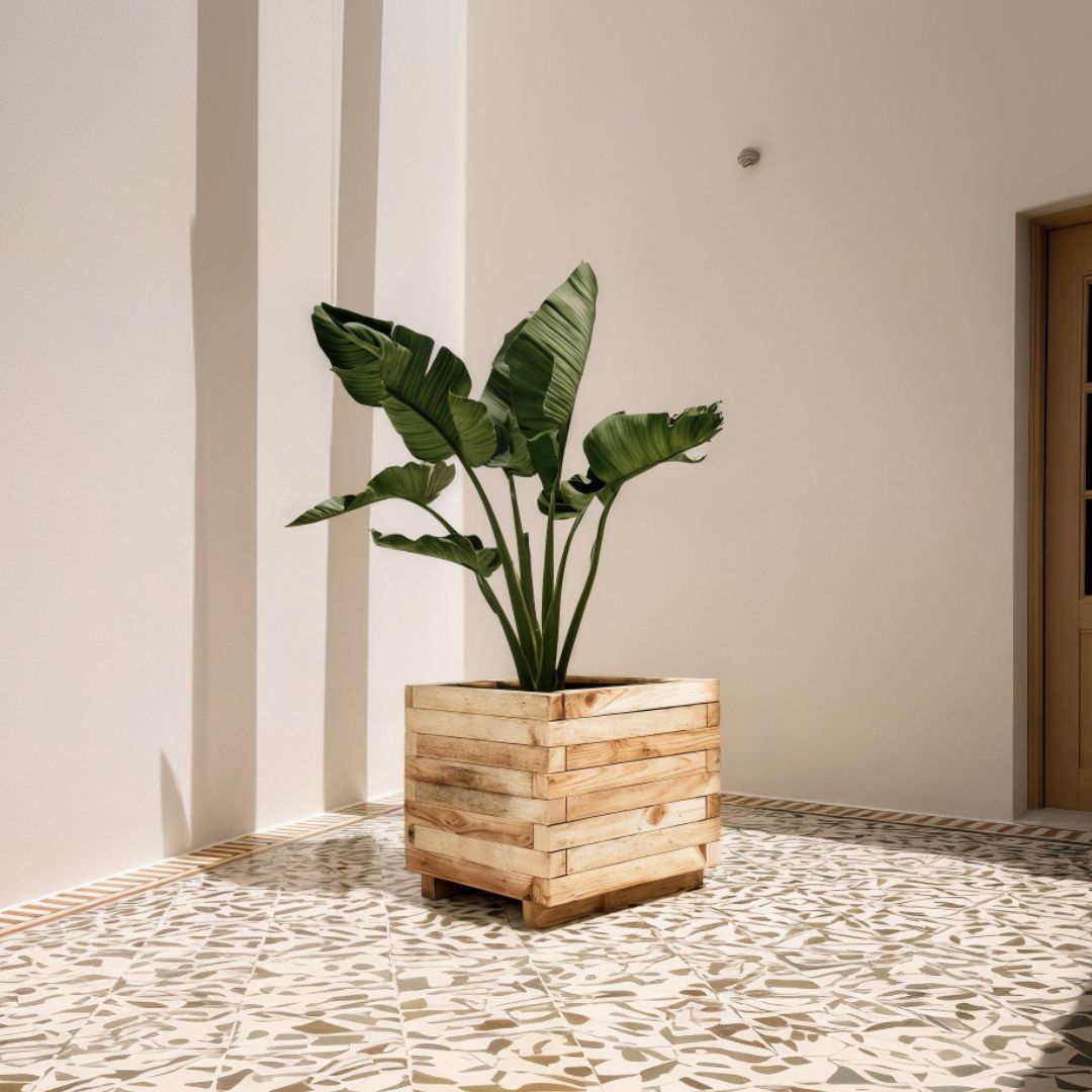 Jardinera Cuadrada de Madera de Pino 50x50x40 cm, resistente y decorativa, ideal para jardines, terrazas o balcones, perfecta para plantar flores y arbustos.