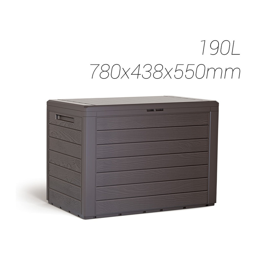 Baúl de resina para jardín de 190 litros en color marrón chocolate, resistente a la intemperie y rayos UV, ideal para almacenamiento en exteriores.