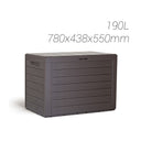 Coffre de jardin en résine de 190 litres, couleur marron chocolat, résistant aux intempéries et aux UV, idéal pour le rangement en extérieur.