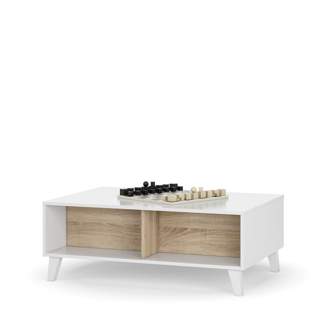 TABLE BASSE À PLATEAU REHAUSSABLE 38X100X68 CM BLANC BRILLANT/CHÊNE CANADIEN