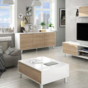 TABLE BASSE À PLATEAU REHAUSSABLE 38X100X68 CM BLANC BRILLANT/CHÊNE CANADIEN
