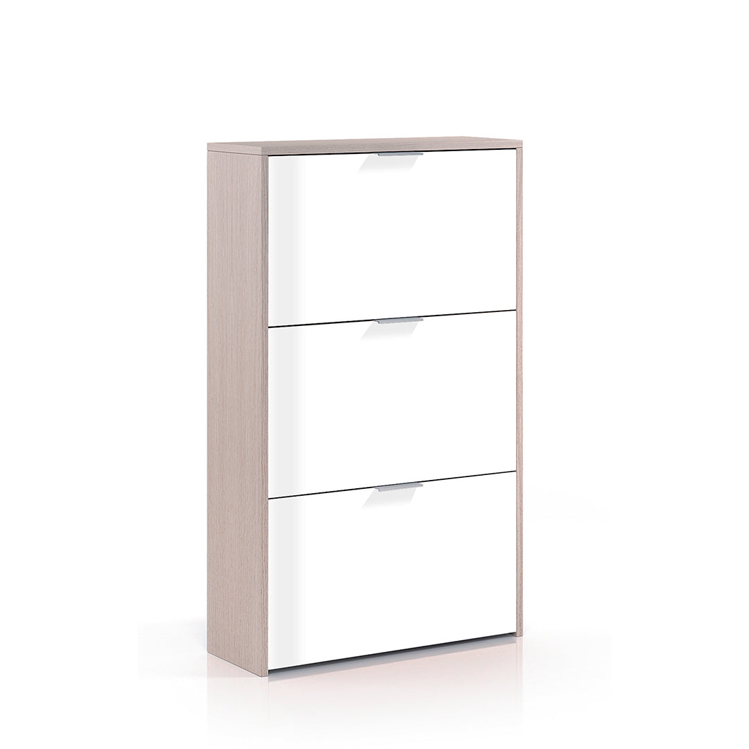 Meuble à chaussures 3 portes 60 x 113 x 22 cm Chêne/Blanc brillant