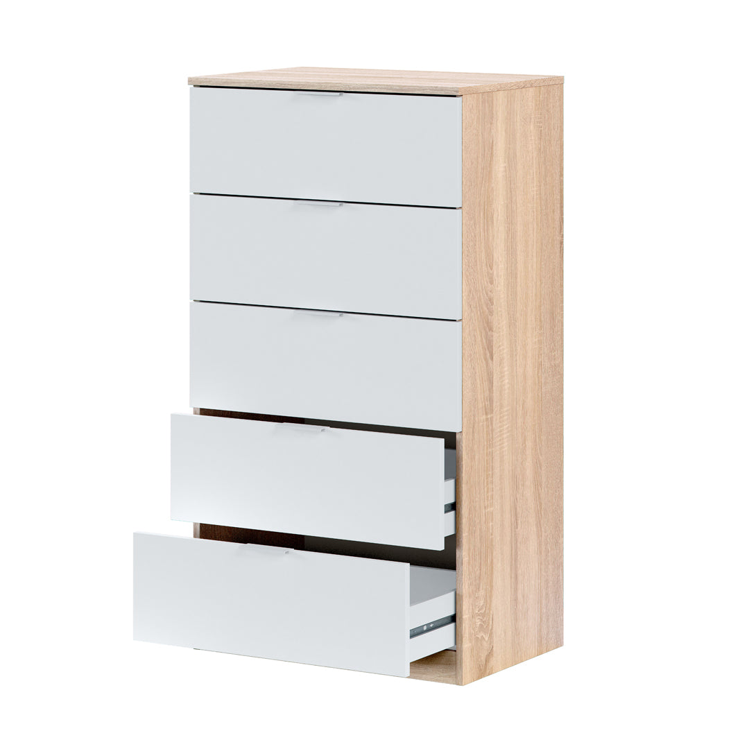 Commode à 5 tiroirs, 110 x 60 x 40 cm, bois blanc et chêne canadien