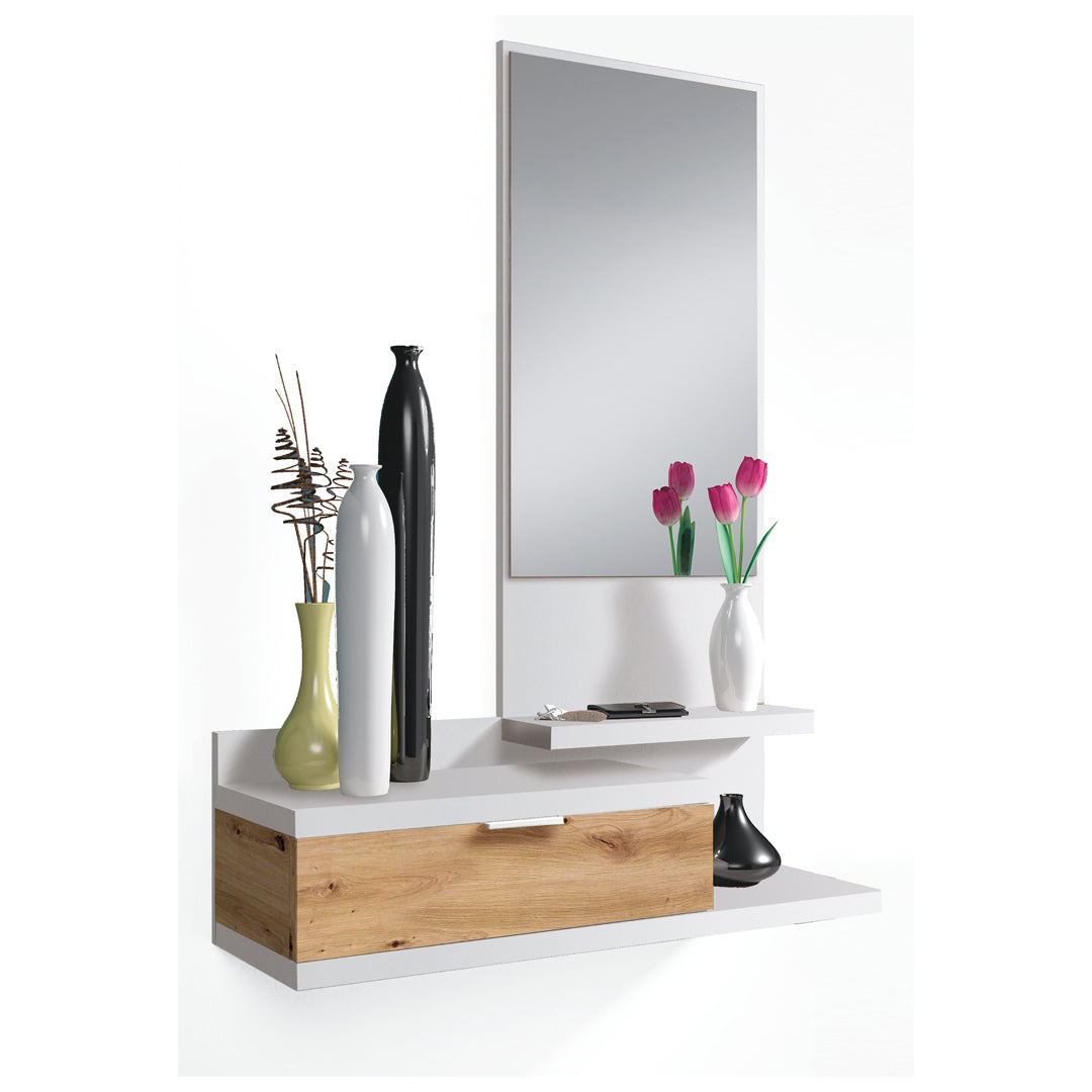 Meuble d'entrée Lia tiroir et miroir 116x81x29 cm chêne nodi et artik blanc
