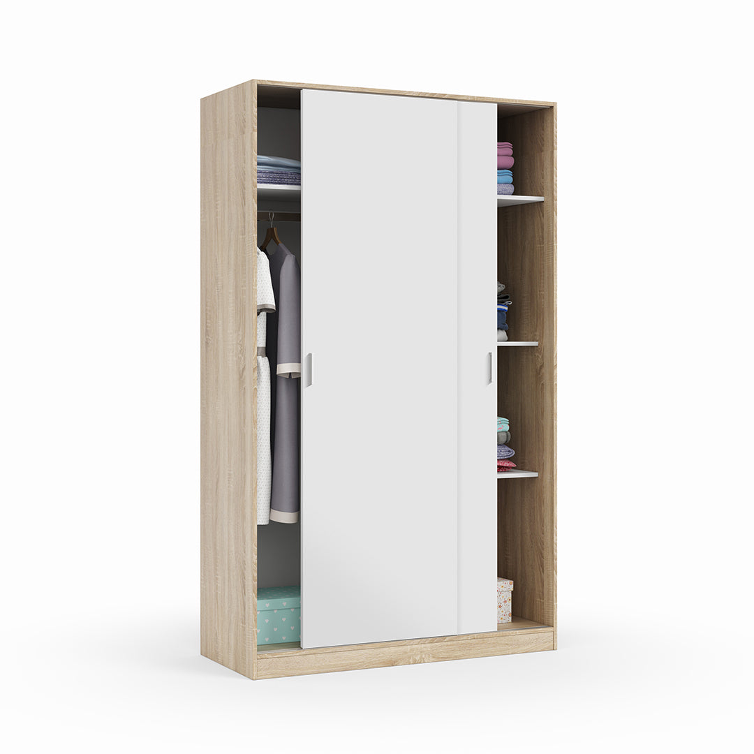 Armadio Moon con 2 ante scorrevoli, 200x120x50 cm, rovere e bianco, Artik