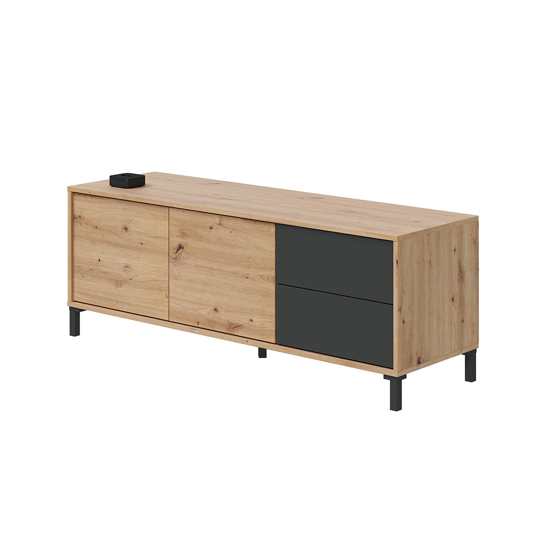 Meuble TV à 2 portes et 2 tiroirs, 47 x 130 x 41 cm, finition gris anthracite et chêne