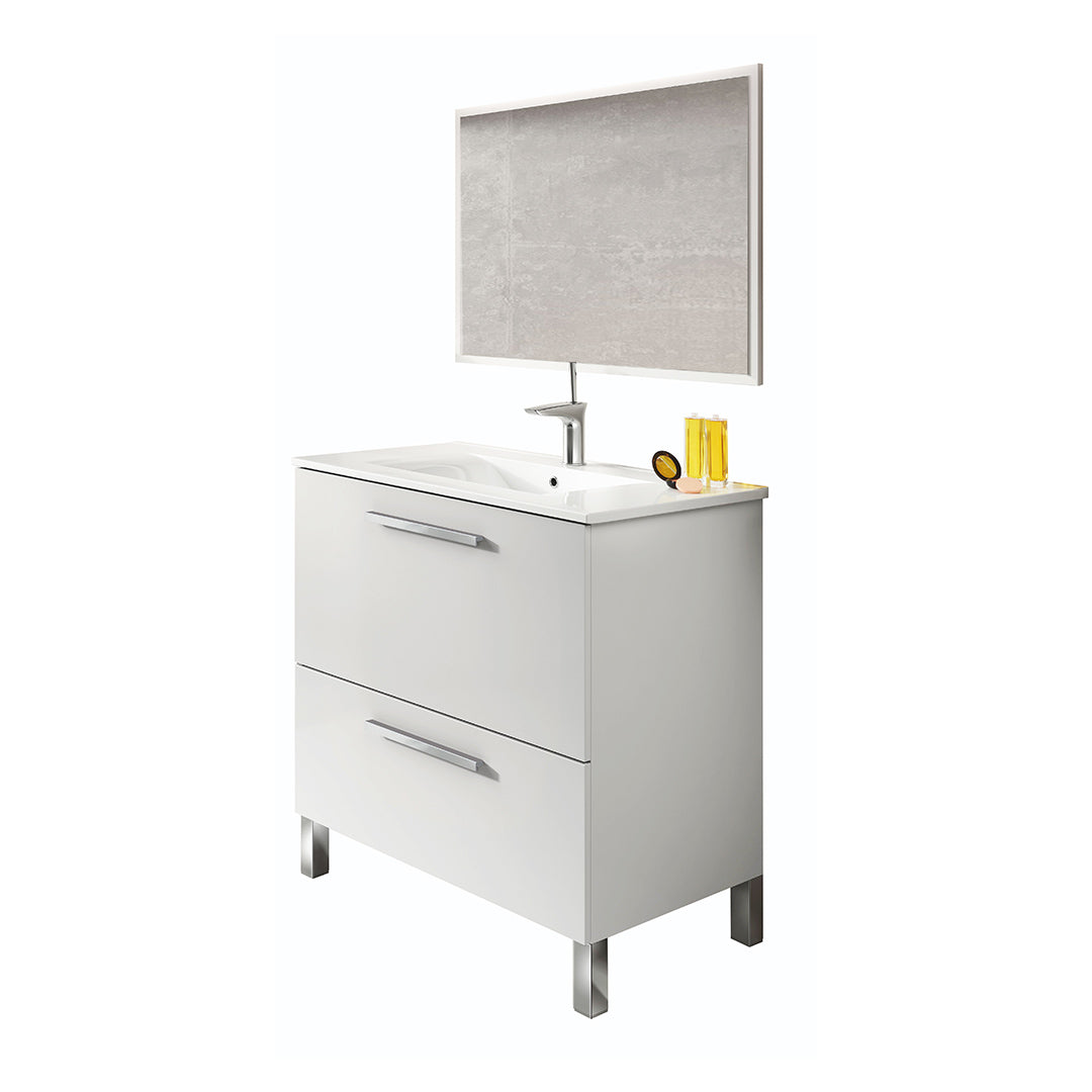 Mobile bagno con anta battente + cassetto con lavabo + specchio bianco