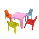 Set per bambini Julieta con tavolo arancione e 4 sedie multicolori per bambini.