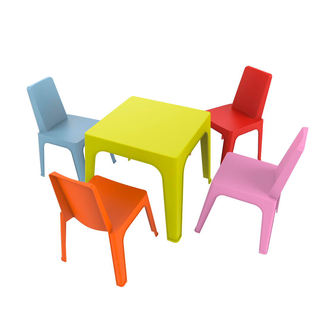 Set per bambini Julieta con tavolo verde lime e 4 sedie multicolori per bambini.