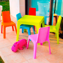 Set per bambini Julieta con tavolo verde lime e 4 sedie multicolori per bambini.