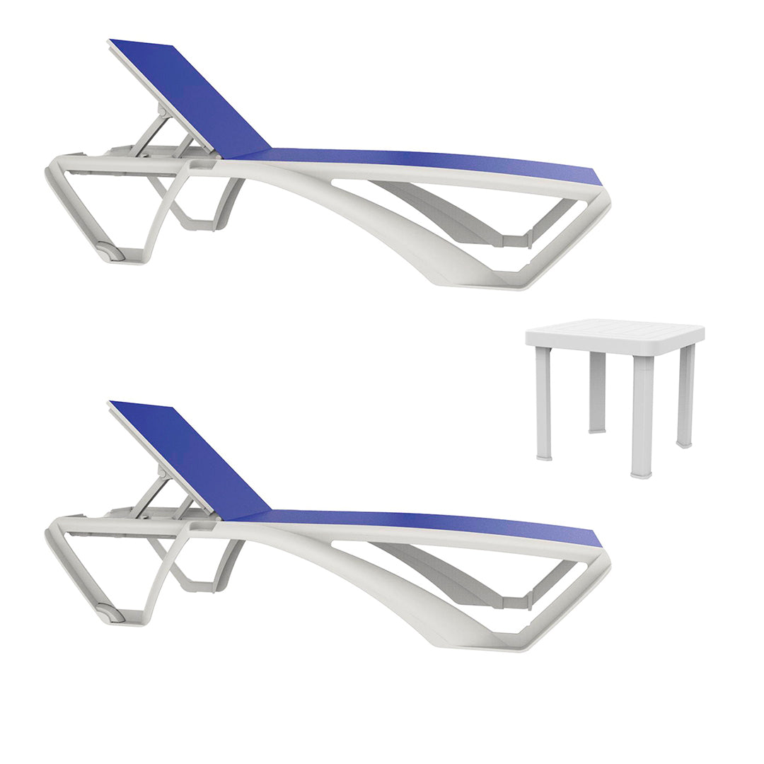 Conjunto Marina com 2 espreguiçadeiras e mesa, branco e azul