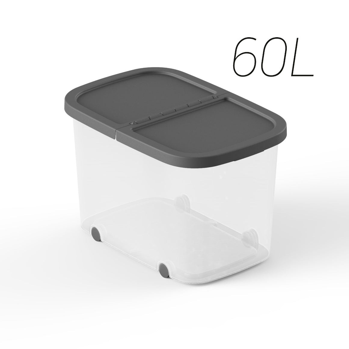 Contenitore da 60 litri con coperchio grigio antracite. Design robusto e spazioso, ideale per organizzare vestiti, giocattoli e documenti.

