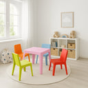 Set per bambini Julieta con tavolo arancione e 4 sedie multicolori per bambini.